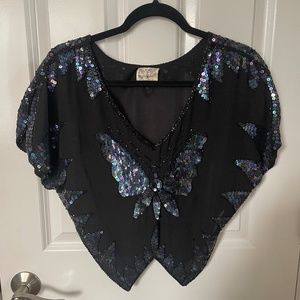 Free People Butterfly Sequin Beaded Crop Top in Black Size S